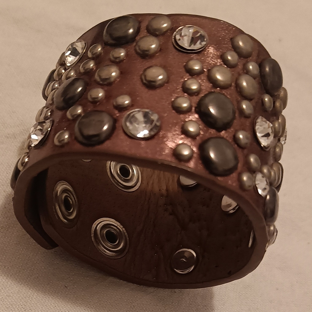 Studded Brown Leather Cuff Bracelet with Crystal Accents